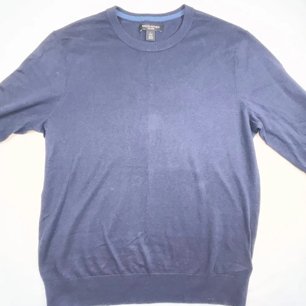Banana Republic Sweater Mens Large Navy Blue Silk Linen Blend Crew Neck Pullover